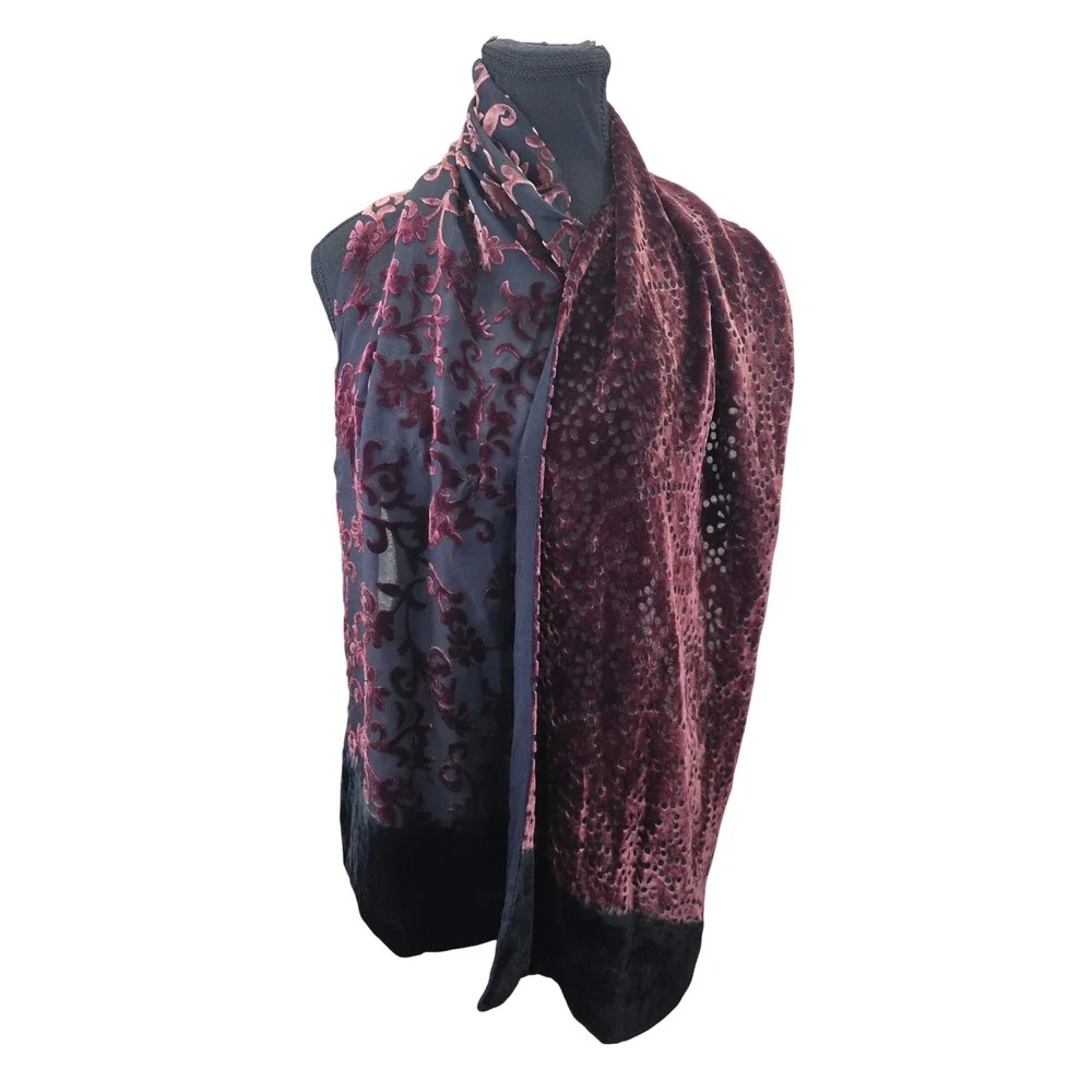 V Fraas Velvet Burnout Scarf Burgundy Black Floral Geometric Wrap Evening Shawl